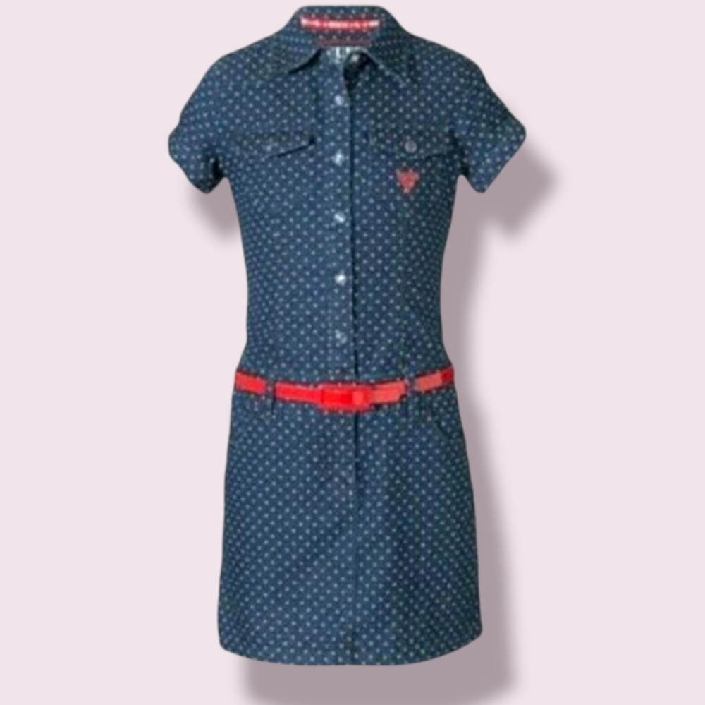 Guess Kids White Polkadot Navy Blue Denim Collar Button Up Dress with Red Belt